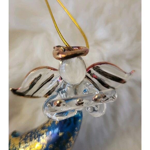 Angel Hand Blown Glass Ornament Blue, Gold and Clear 3" tall Can Stand or Hang - Picture 2 of 7